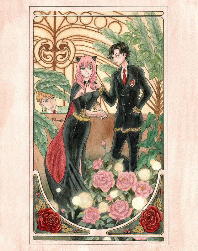 Watercolor painting of adult Anya and Damian at an elegant ball painted in Mucha's style by Biomimiart.
