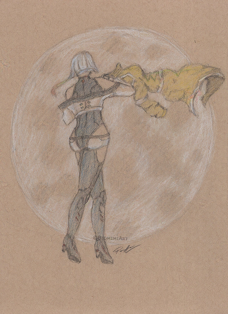 One of a kind charcoal and color pencil fan art sketch on toned paper of Lucy from the Cyberpunk anime mini series.