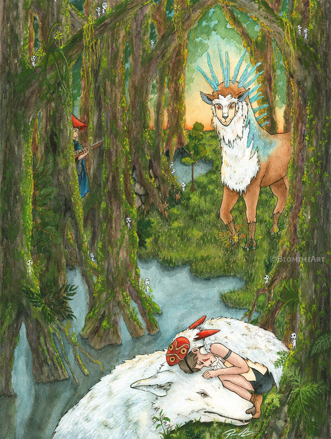 Watercolor, gouache, and ink painting of the Forest Spirit aka the Deer God from Princess Mononoke. A beautiful Studio Ghibli movie by Miyazaki featuring strong females and environmental messages. I love this scene when the Forest Spirit stares into your eyes in this beautiful, uncanny, and enchanting way. 