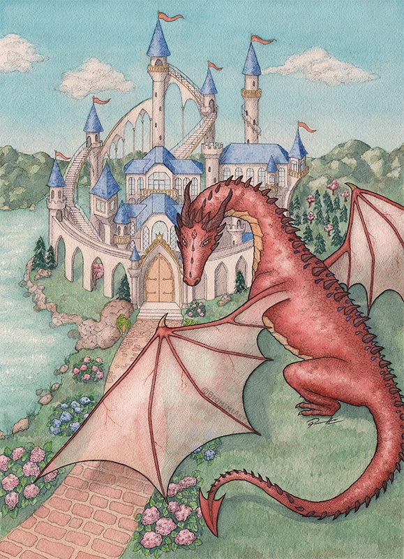 This majestic red dragon is guarding a white and blue castle. Illustration by Biomimiart in ink and watercolor.