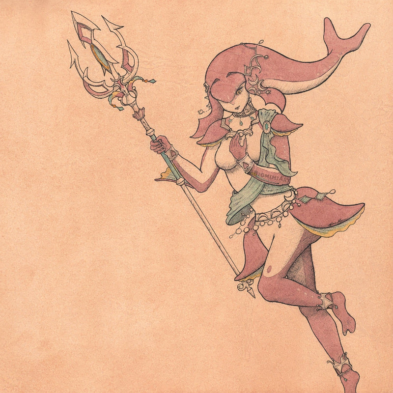 Fan art of Mipha as an adult from Zelda BOTW by Biomimiart done in ink and watercolor on sepia paper.