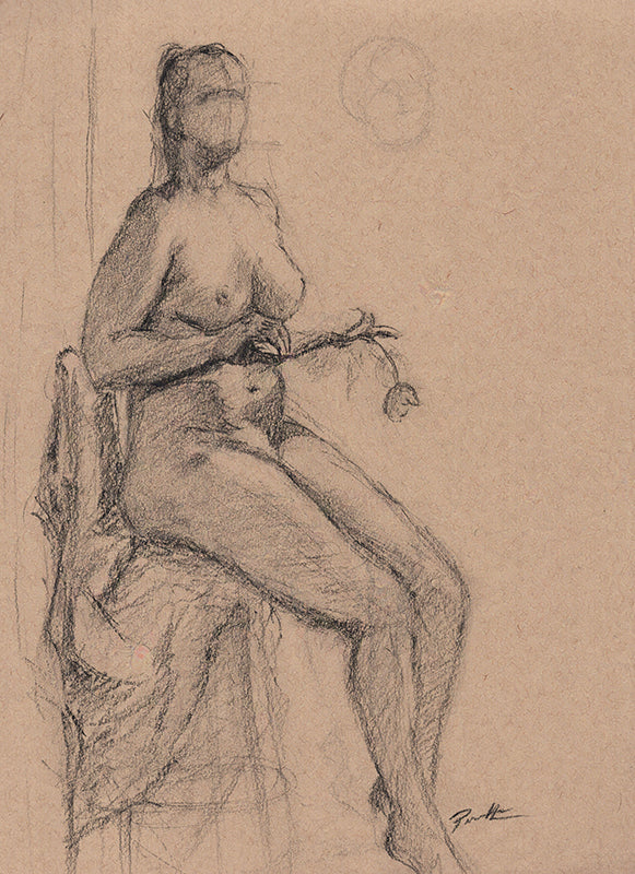 Charcoal drawing on toned paper of a nude figure drawn from a live model. The lady is sitting holding a tulip in high contrast lighting.