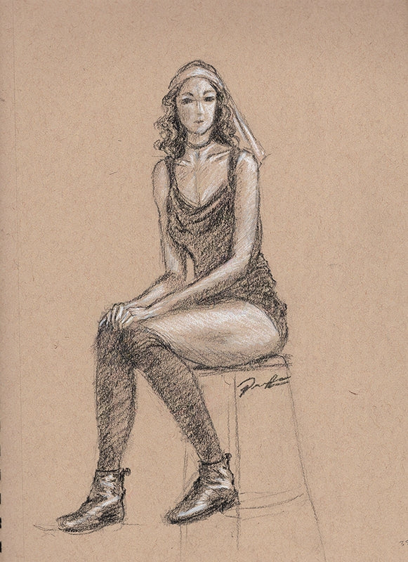 Black and white charcoal sketch on toned paper of a female figure drawn from a live model. The lady is seated looking at the audience in high contrast.