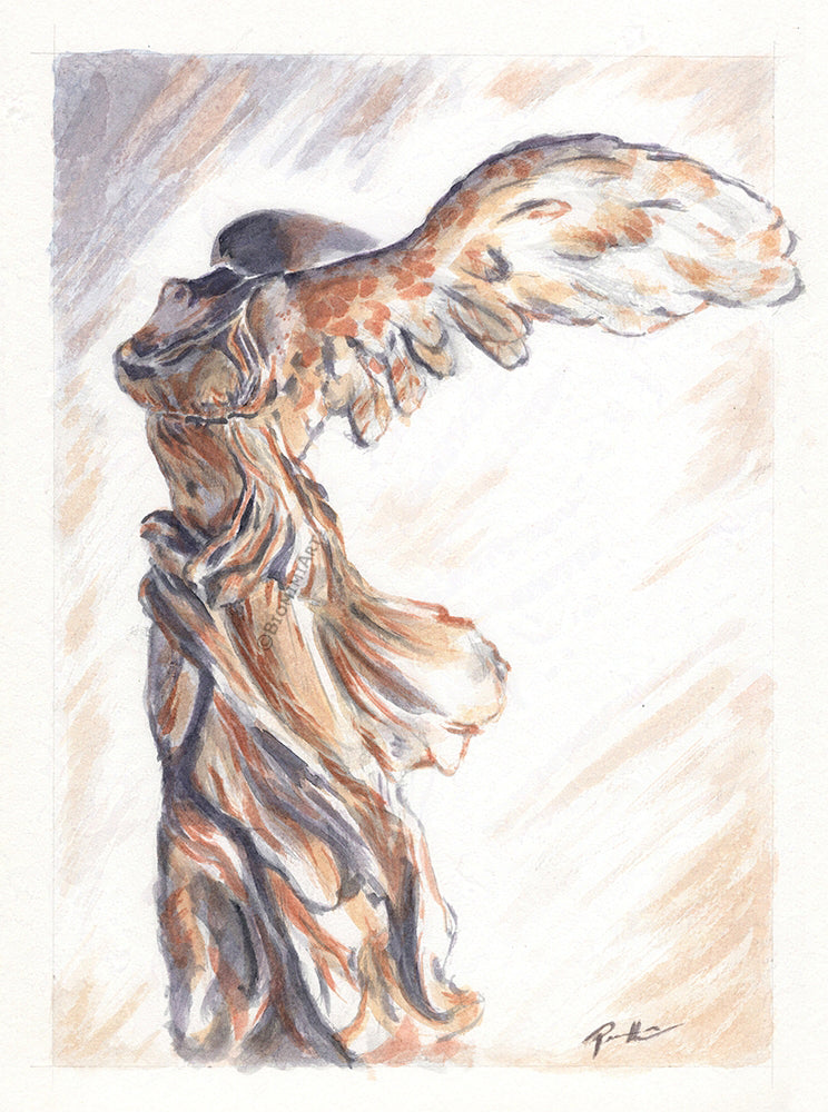 Original watercolor painting based off the statue of the Winged Victory of Samothrace, also known as the Goddess of Nike. I was so moved by the statue when I went to see it at the Louvre in Paris that I just had to paint it.