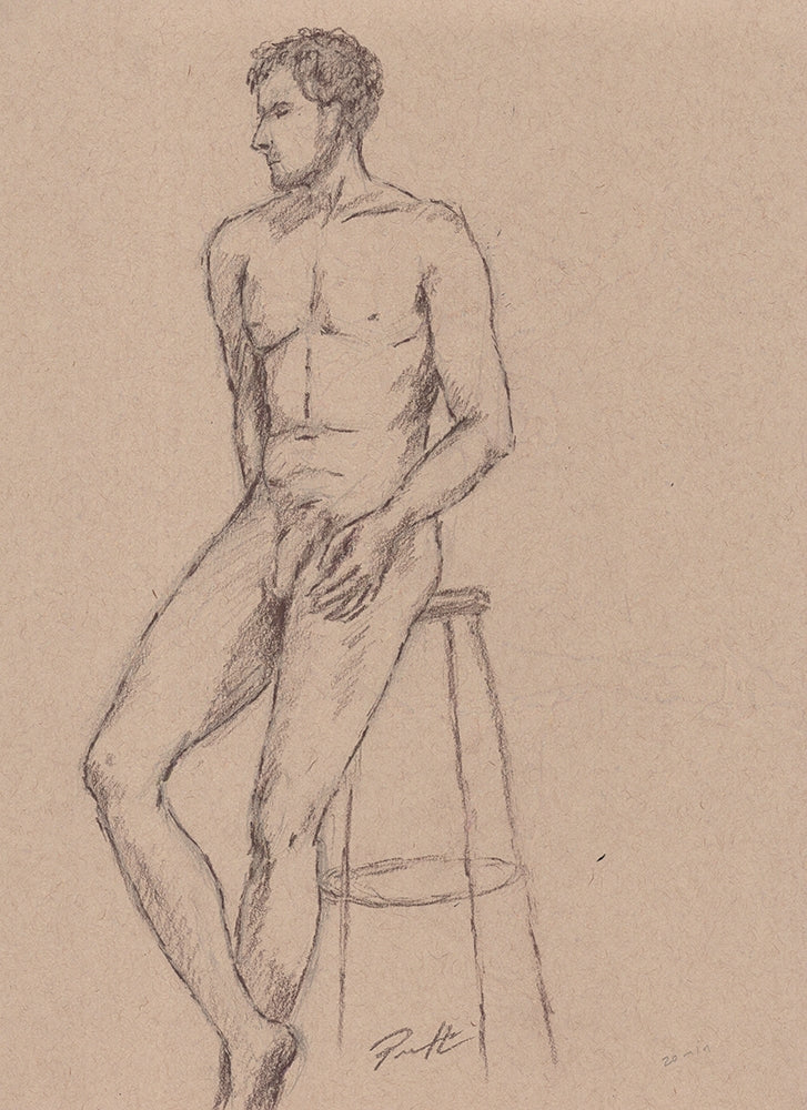 One of a kind original on toned paper of a nude male figure drawing from a live model using sepia charcoal. The male is sitting on the edge of a tall stool.