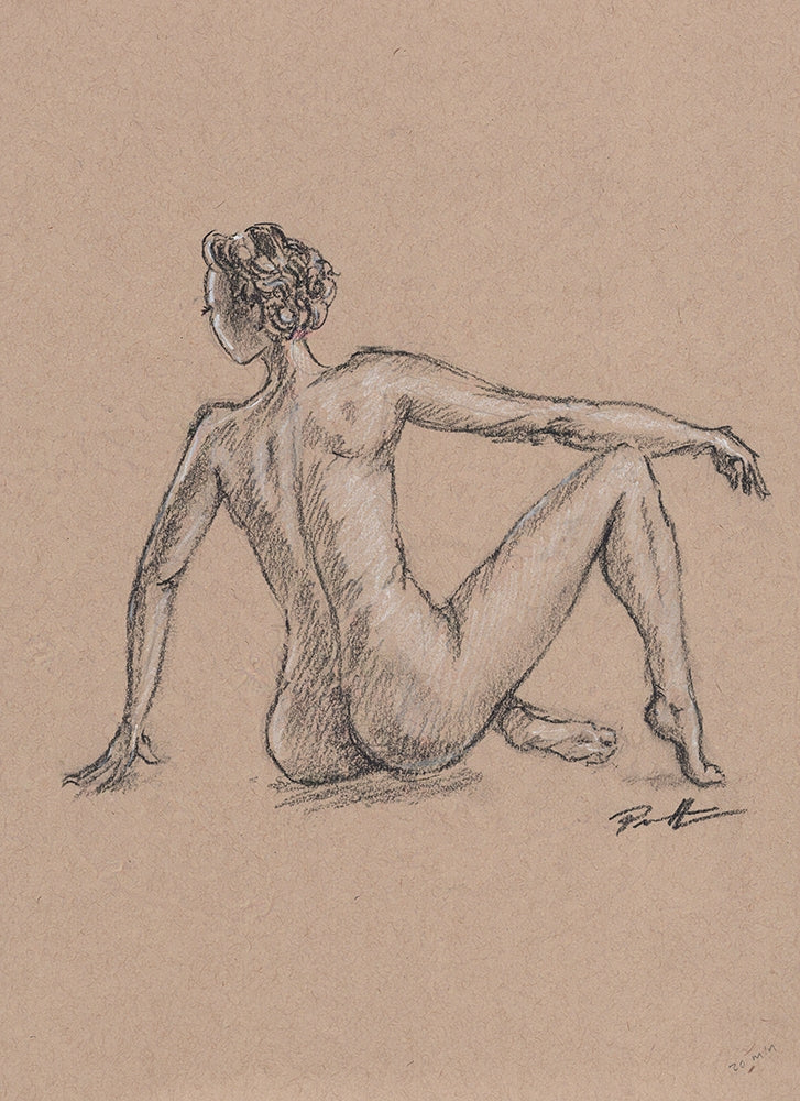 One of a kind charcoal drawing on toned paper of a nude female figure drawn from a live model using black and white charcoal. The lady is seated on the floor with limbs outstretched.