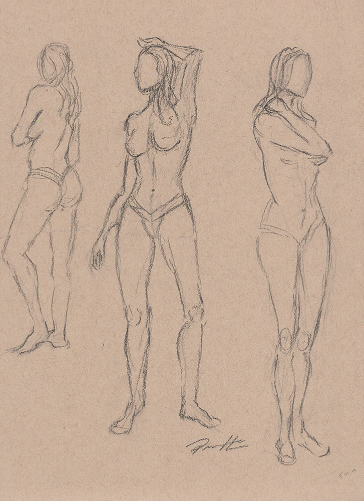 One of a kind charcoal drawing on toned paper of a standing nude figures drawn from a live model. Three different poses drawn in 5 mins each.