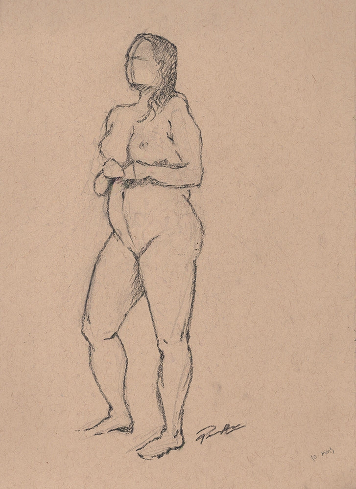 Standing nude figure sketch in charcoal. Original one of kind drawing.