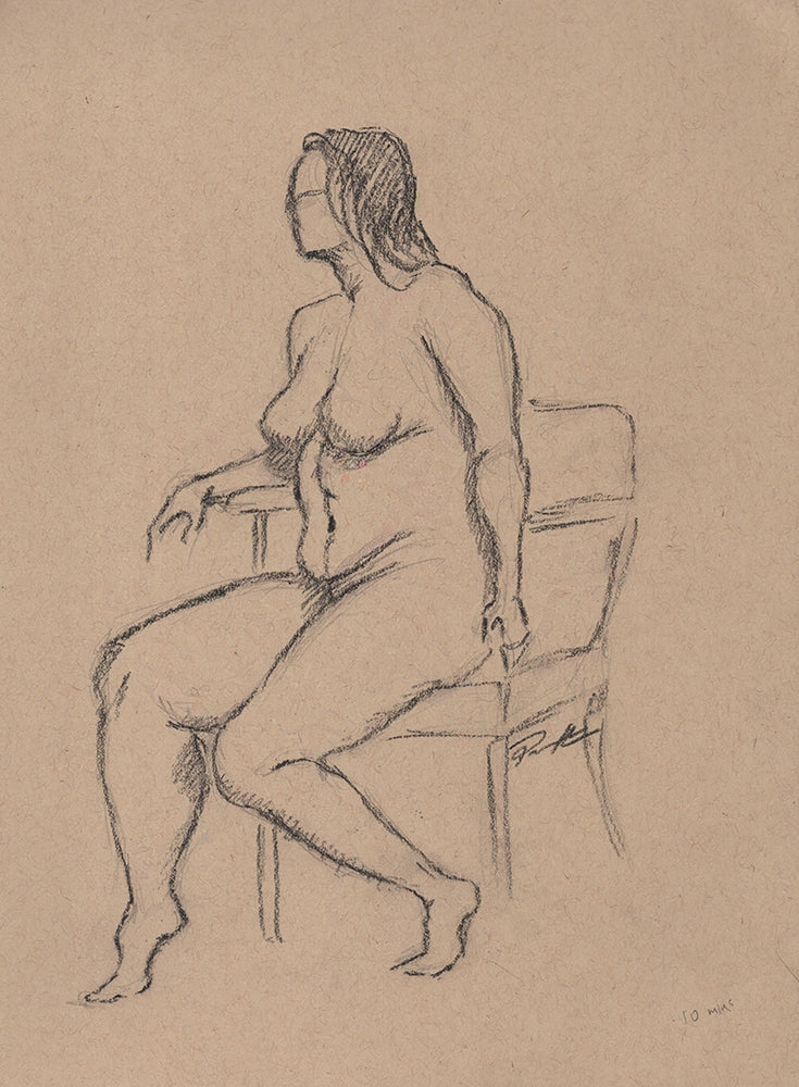 Seated nude female figure sketched with charcoal. One of a kind original.
