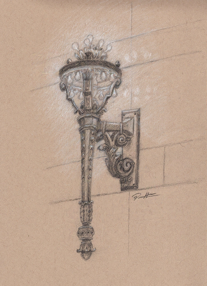 One of a kind black and white charcoal drawing on toned paper of the antique lantern at Grand Central Terminal in NYC.
