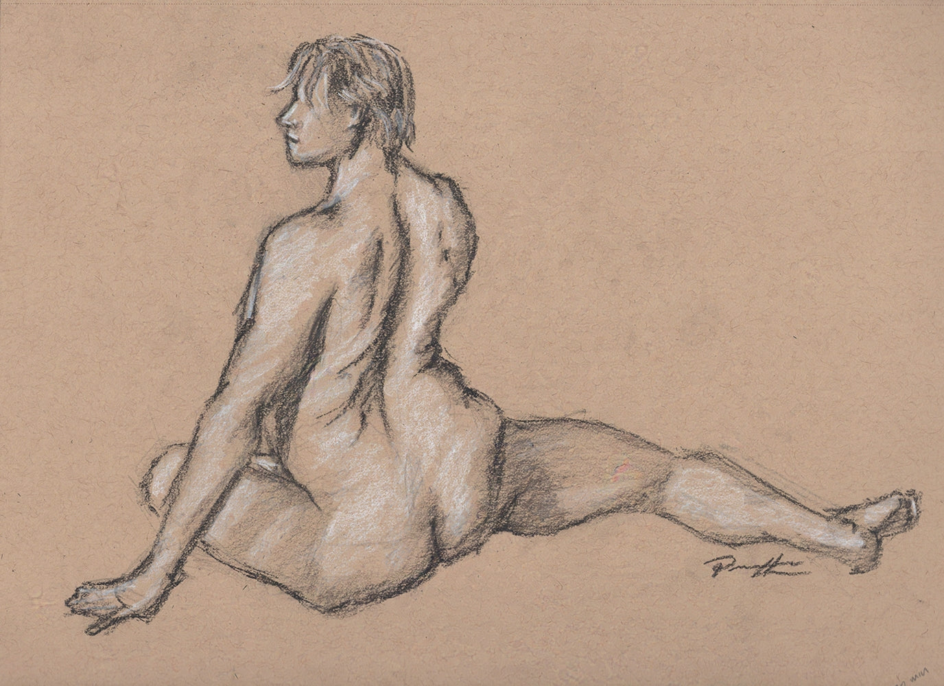 Nude figure drawing of a male sitting with leg out. Done in charcoal on toned paper. One of a kind original.