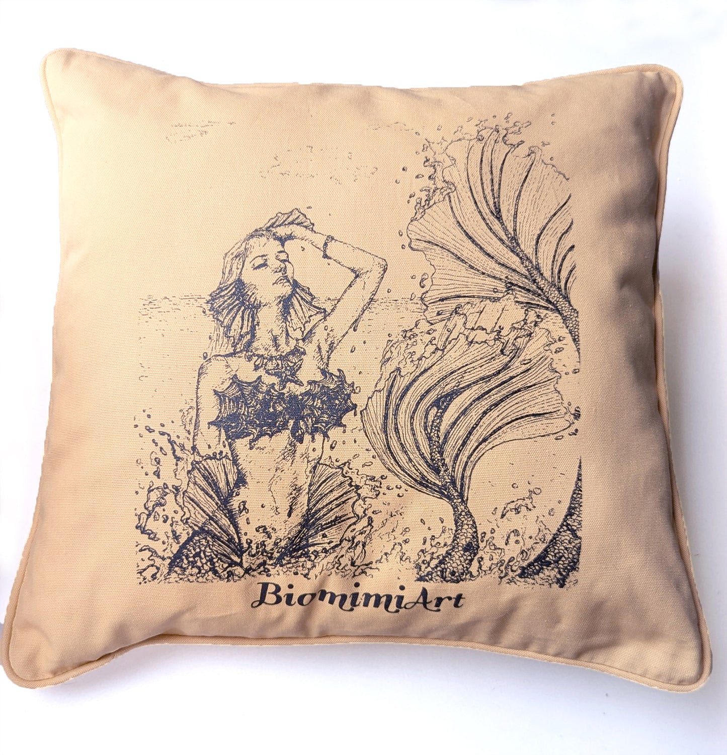 Siren mermaid beige pillow case. Hand drawn silk screened ink drawing. Has 3 black buttons on the back. Machine washable.