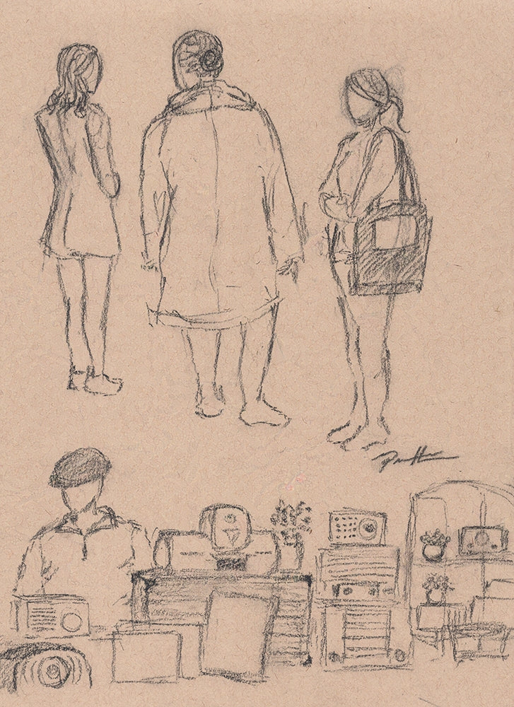 One of a kind charcoal drawing on toned paper of multiple people drawn from observing the unsuspecting public on the UWS of NYC. Each person was drawn in only 1 minute.