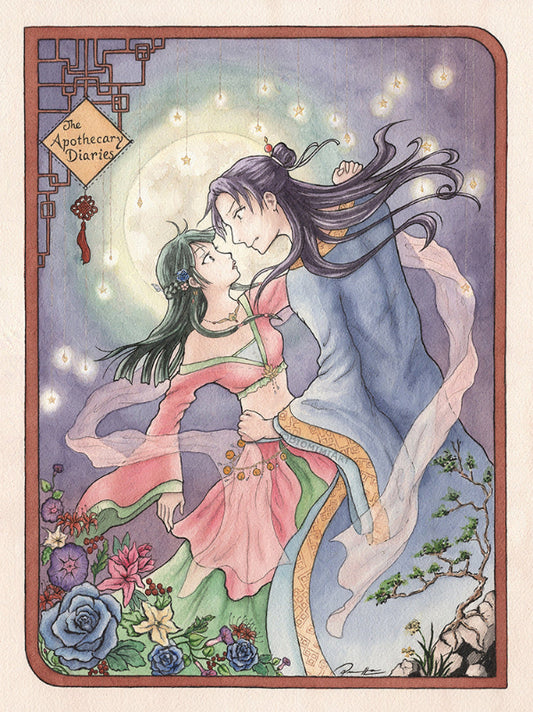 Apothecary Diaries fan art of Maomao and Jinshi dancing on the rooftop in BiomimiArt's Art Nouveau style.