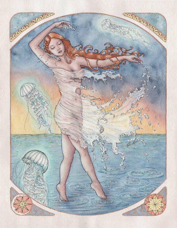 Horoscope Aquarius watercolor painting in an Art Nouveau style by BiomimiArt. She is dancing on the ocean surface with a liquid fabric dress while jellyfish fly around her.