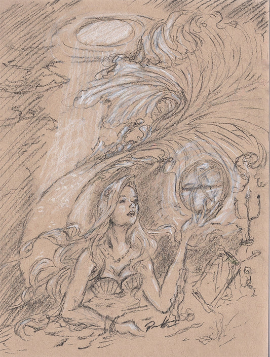One of a kind black and white charcoal fan art sketch on toned paper of the Little Mermaid in her cave of treasures. This is the concept art that led to the watercolor painting of my Little Mermaid.