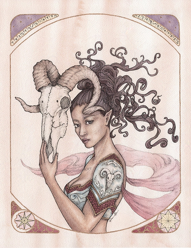 The horoscope Aries depicted as a black warrior elf holding a ram skull. Painted in ink and watercolor by Biomimiart.
