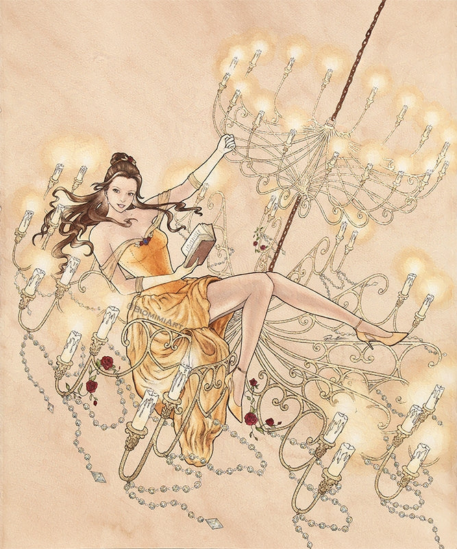Inspired by the Beauty and the Beast. Belle is swinging from the chandelier reading a book in a modern yellow dress Biomimiart designed. Painted with ink, watercolor, and gold oil paint.