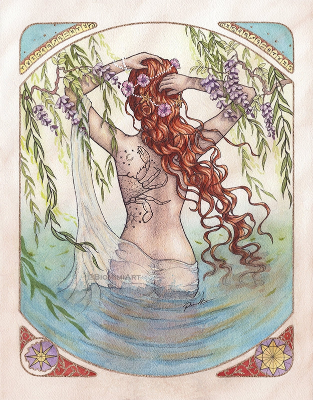 Painting of the Zodiac Cancer in watercolor and ink by Priscilla Mimi Lee. Cancer is depicted as a female standing in a lake surrounded by willow trees.