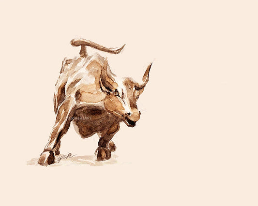 Watercolor painting by Biomimiart of the famous sculpture, the Charging Bull of Wall Street, NYC.