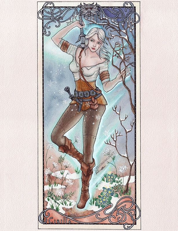 Ciri Witcher fan art in Biomimiart's Alphonse Mucha inspired style. Cirilla is standing, holding her sword ready to fight.