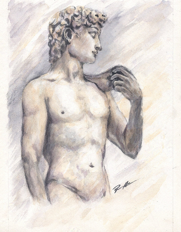 Watercolor painting of the Statue of David on hot press paper.