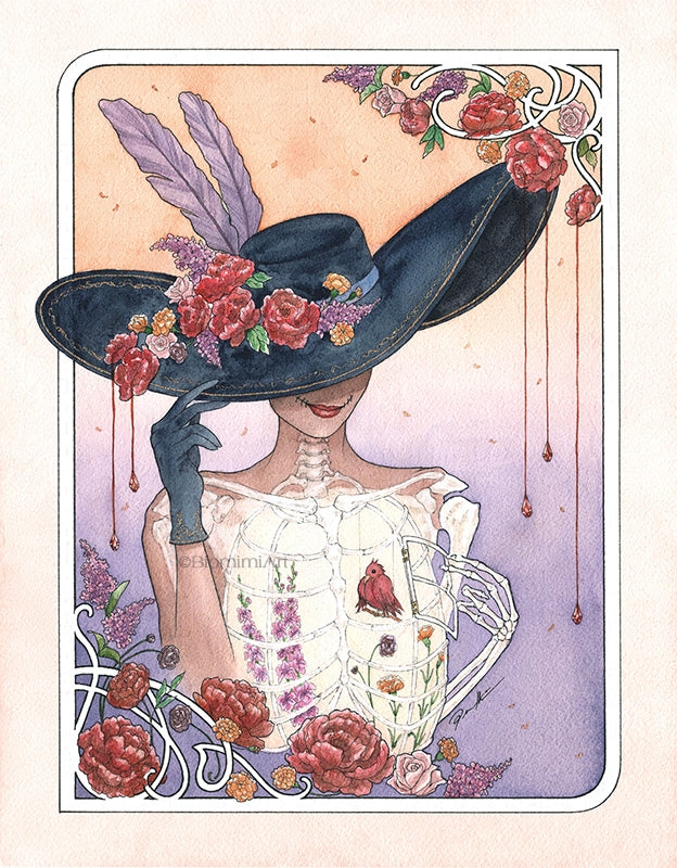 Day of the dead La Catrina character in Priscilla Mimi Lee's iconic art nouveau style. She has a sugar skull style smile and ribcage with one human arm and one skeleton arm.