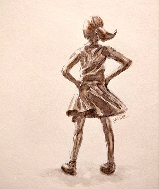 Watercolor painting by Biomimart of the famous sculpture of the Fearless Girl that was in NYC.
