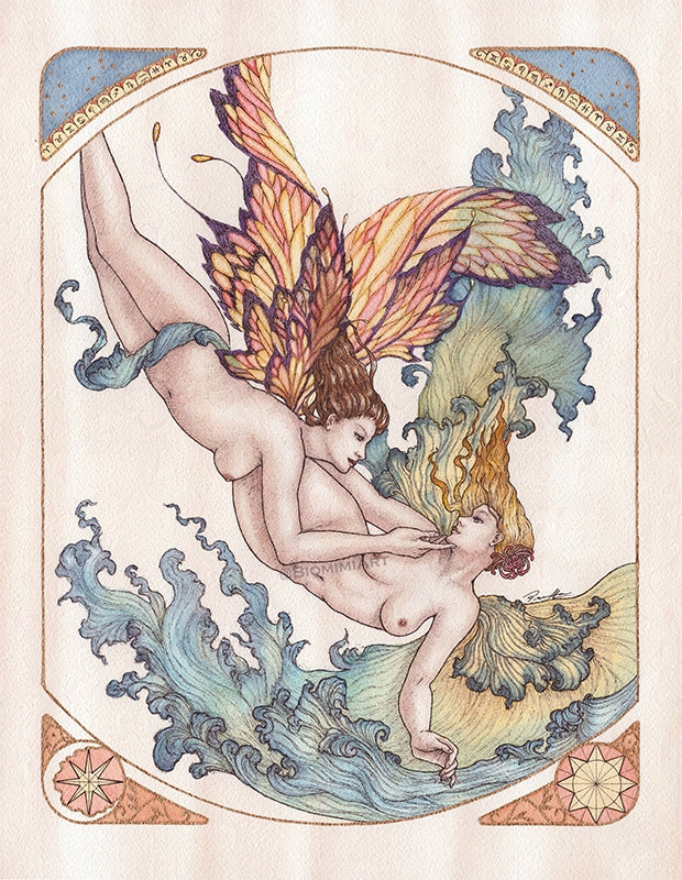 The zodiac sign Gemini painted by Biomimiart as two fairies. One twin with fiery butterfly wings and the other fairy with blue flowy wings.