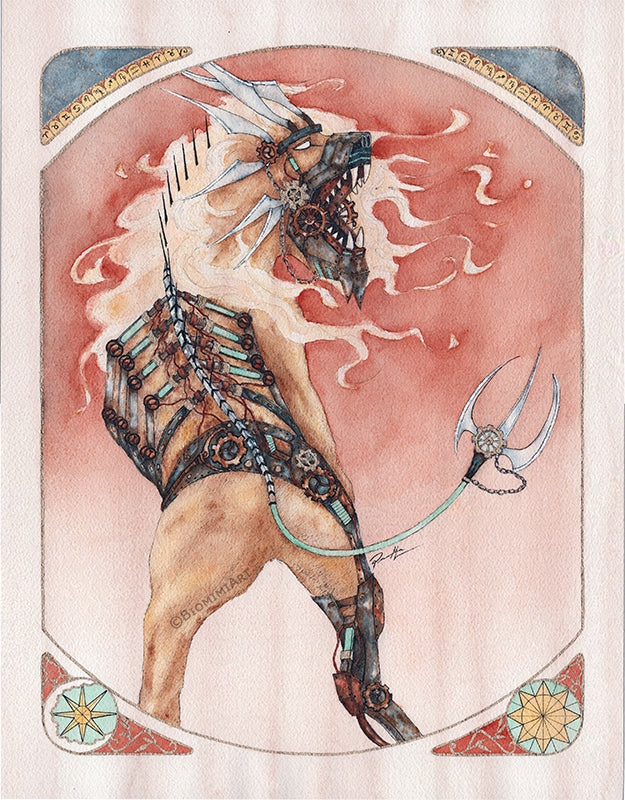 The Zodiac sign Leo painted with watercolor and ink by Biomimiart. The leo is a cyborg lion with metal parts and a fiery mane.