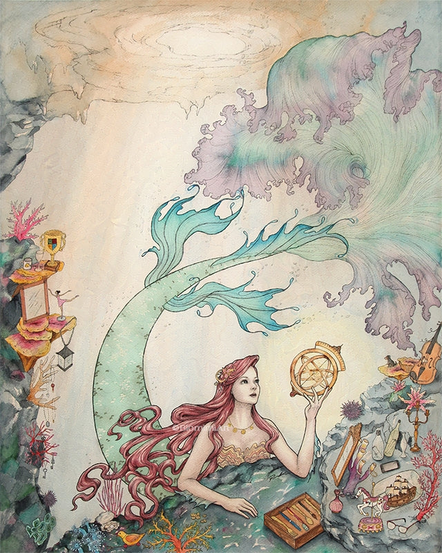 The Little Mermaid inspired watercolor painting by Biomimiart. Ariel is in her cave of treasures with her large wave-like tail.