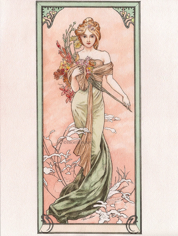 Biomimiart's master study of Alphonse Mucha Spring painting done with watercolor and ink.