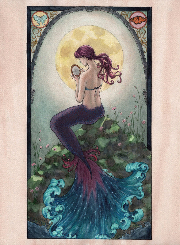 Mermaid painted by Biomimiart in Alphonse Mucha's style. She is sitting in front of a full moon with a purple and blue bioluminescent tail.