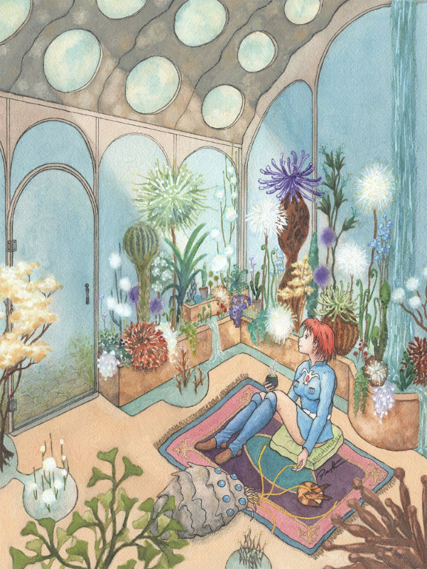 Nausicaa fan art in Priscilla Mimi Lee's style using watercolor, ink, and gouache. Nausicaa is sitting in her greenhouse full of non toxic plants from the toxic jungle.