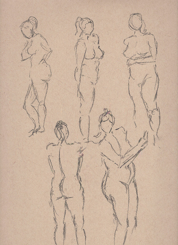 Sketch of multiple nude female figures in charcoal on toned paper.