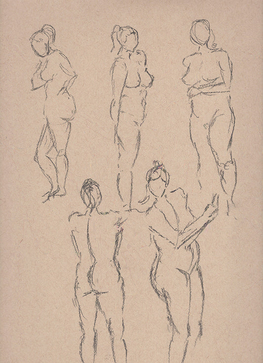 Sketch of multiple nude female figures in charcoal on toned paper.