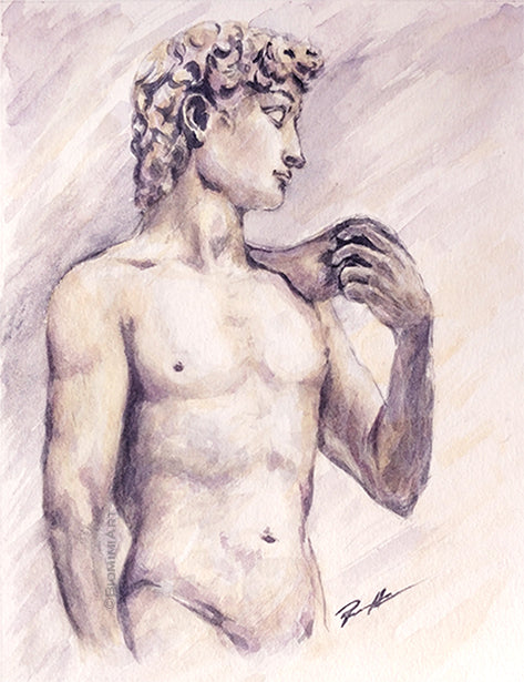 Watercolor painting by BiomimiArt of the statue of David.