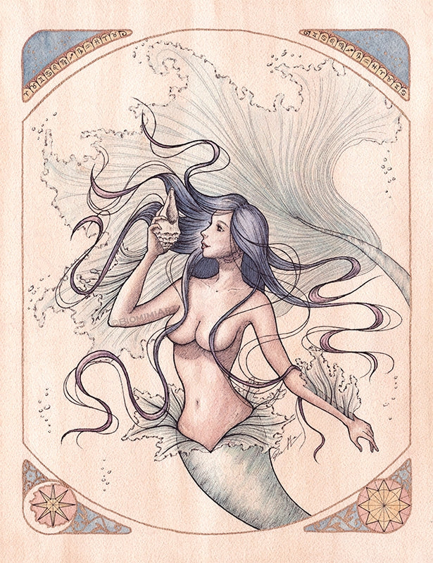 The horoscope sign Pisces depicted as a mermaid by Biomimi Art. Painted in ink and watercolor. Pisces has flowing hair and fins and is holding a shell.