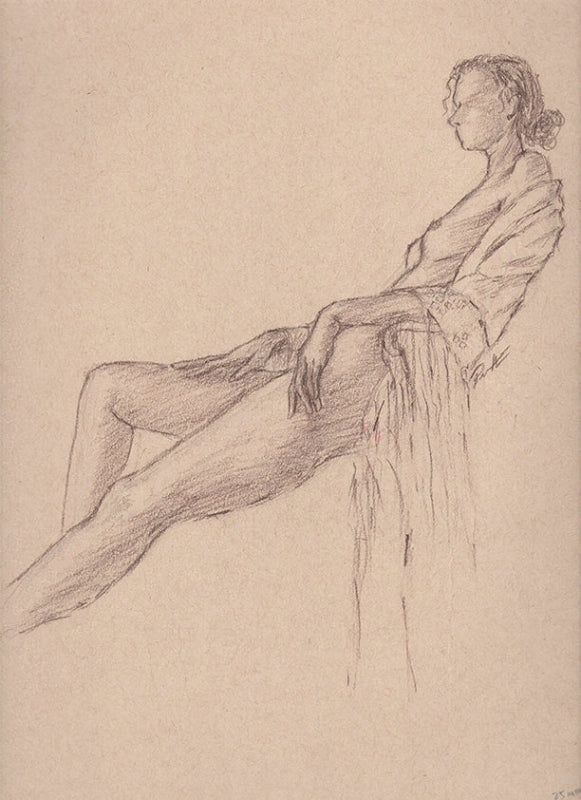 Charcoal drawing on toned paper of a nude figure drawn from a live model. The model is reclining in a chair with a shawl draped over her shoulders.