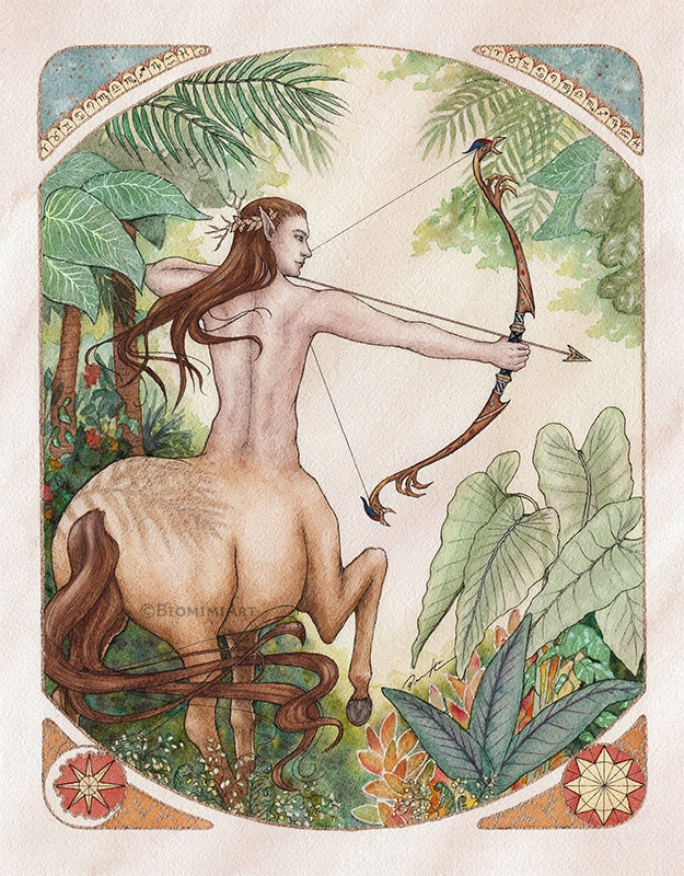 The horoscope sign Sagittarius painted with ink and watercolor by Biomimiart. The centaur is drawn hunting with a bow and arrow in the forest.