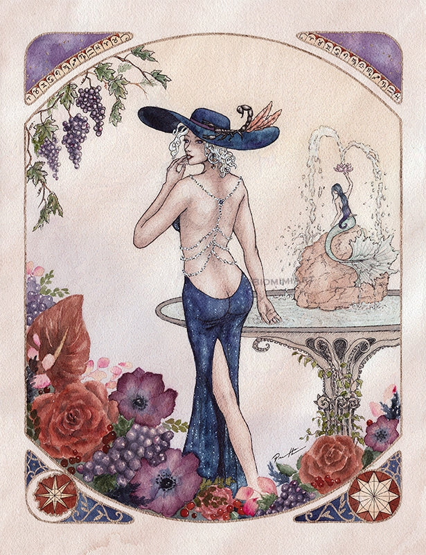 The zodiac sign Scorpio painted with watercolor and ink in an Art Nouveau style by Biomimiart. Scorpio is walking through a garden of flowers with a fountain.