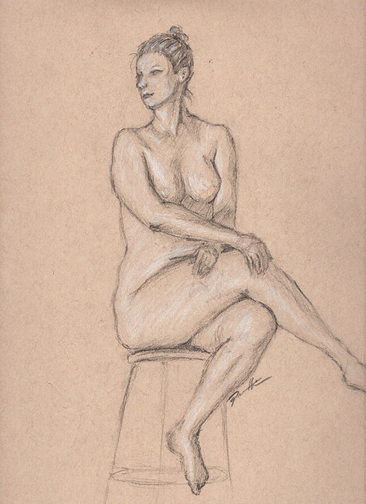 One of a kind black and white charcoal drawing on toned paper of a nude figure drawn from a live model. The lady is sitting with her legs crossed.