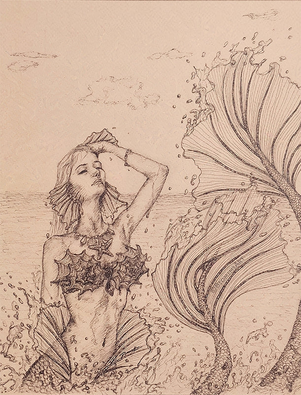 Ink drawing of the Siren from Greek Mythology. A siren is a mermaid with two tails. She is coming out of the water and two tails can be seen next to her.