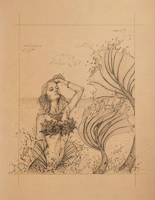 Original Siren Mermaid ink drawing comes on textured toned paper 12x16".
