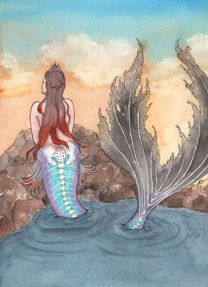 Painting of a mermaid with transparent tail showing her skeleton underneath, done in watercolor and ink on thick (140lb) textured cold press watercolor paper.