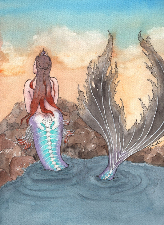 Painting of a mermaid with transparent tail showing her skeleton underneath, done in watercolor and ink on thick (140lb) textured cold press watercolor paper.