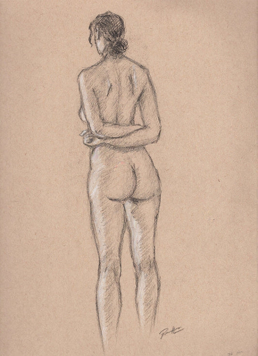 Charcoal drawing on toned paper of a standing nude figure drawn from a live model. The lady is standing with her back to the audience.