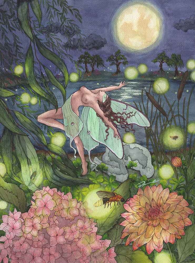 Luna Moth fairy in a field of fireflies. 