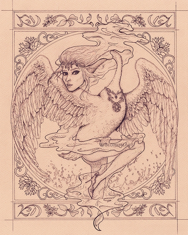 Ink drawing by Biomimiart based of the folktale Swan maiden. She has a cloak that transforms her into a swan, similar to Swan Princess. 