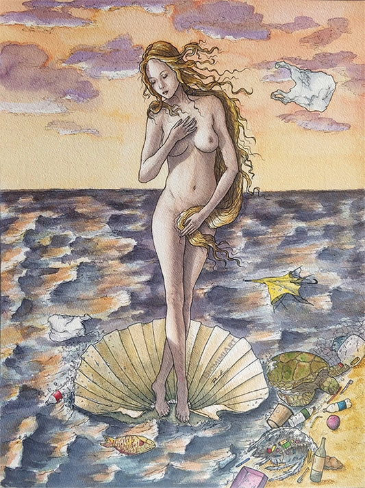 Priscilla M Lee's modern spin on the Birth of Venus by Botticelli. Painted with pollution in the ocean surrounding her.